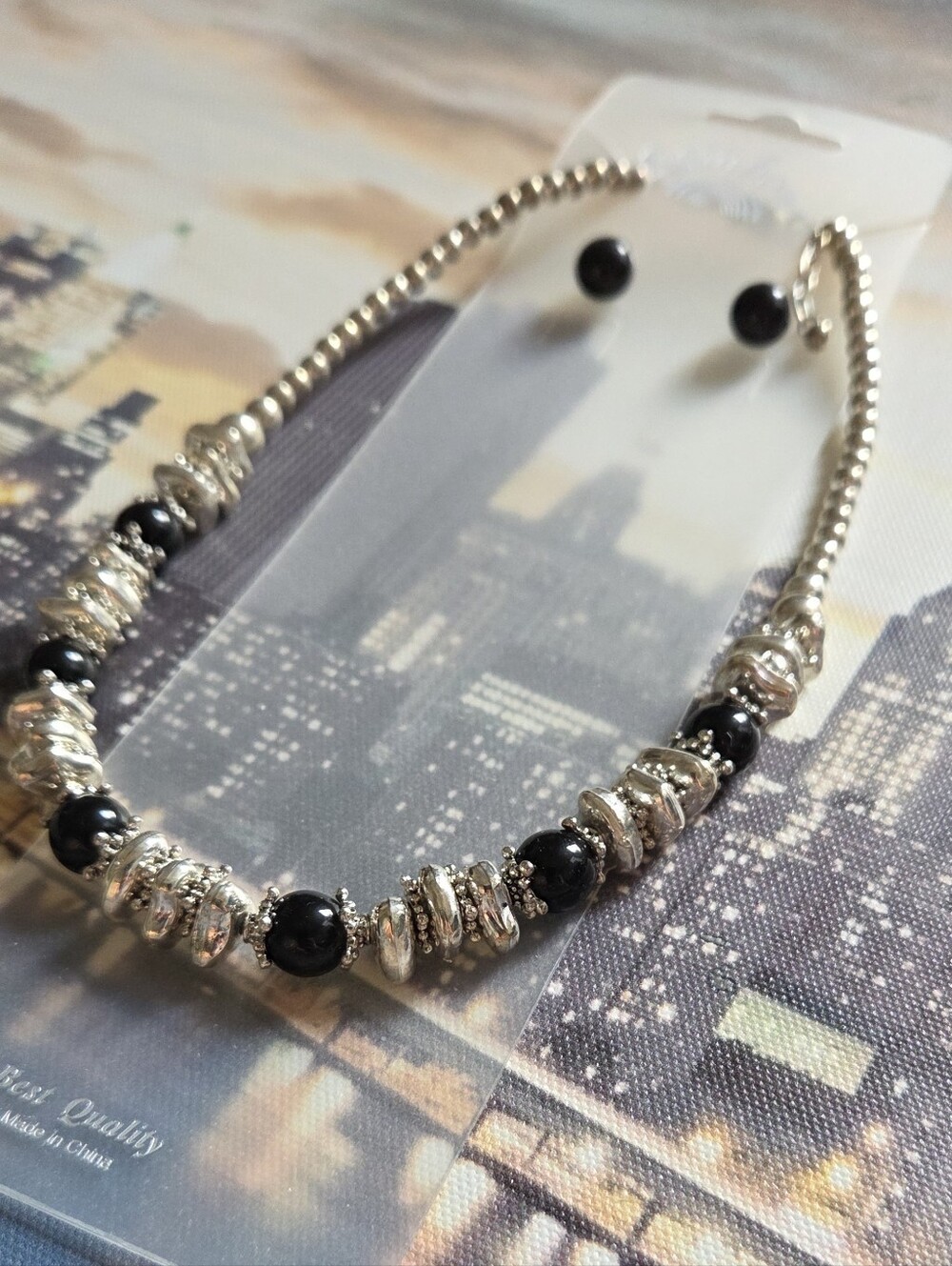 Rainbow Silver Beaded Necklace with Black Accent Beads & Earrings Set NWT